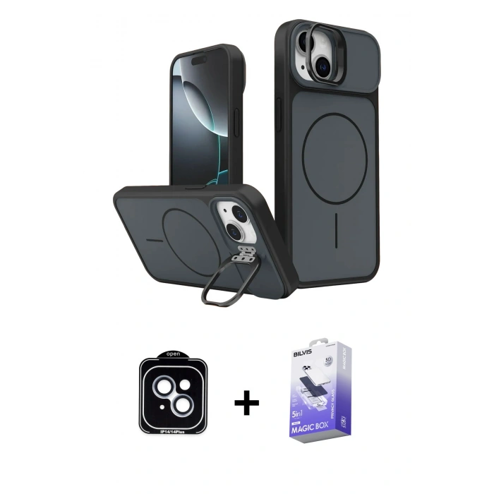 MARSİLYAN™- iPhone 14 Kılıf İz Modern Prime - Siyah Bilvis 5in1 5D Magic Hayalet Cam Ekran Koruyucu + PVD Metal Kamera Lens - MI