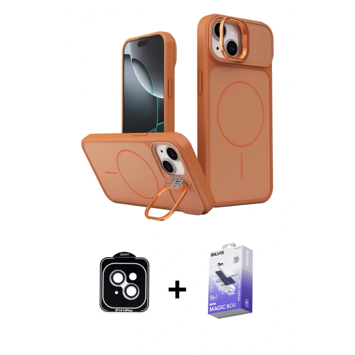 MARSİLYAN™- iPhone 14 Kılıf İz Modern Prime - Siyah Bilvis 5in1 5D Magic Hayalet Cam Ekran Koruyucu + PVD Metal Kamera Lens - MI