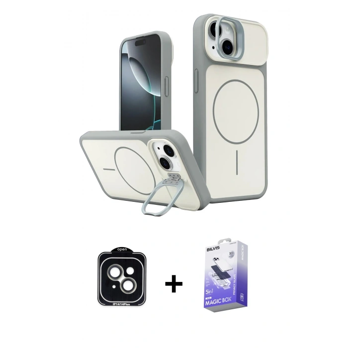 MARSİLYAN™- iPhone 14 Kılıf İz Modern Prime - Siyah Bilvis 5in1 5D Magic Hayalet Cam Ekran Koruyucu + PVD Metal Kamera Lens - YL