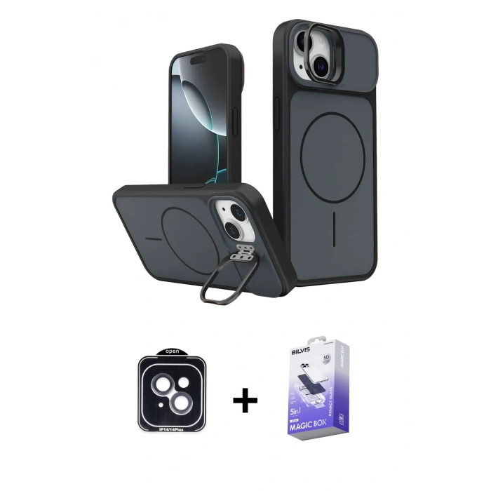 MARSİLYAN™- iPhone 14 Kılıf İz Modern Prime - Siyah Bilvis 5in1 5D Magic Hayalet Cam Ekran Koruyucu + PVD Metal Kamera Lens - SH