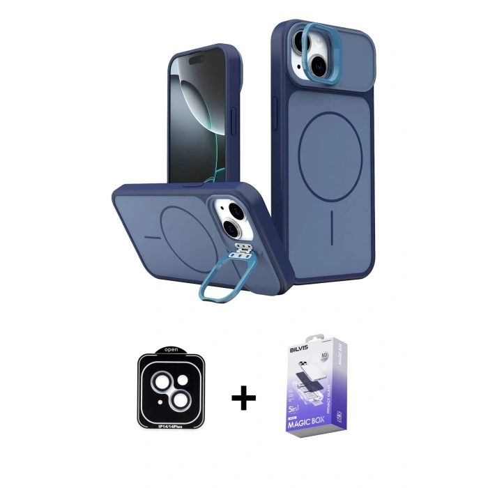 MARSİLYAN™- iPhone 14 Kılıf İz Modern Prime - Siyah Bilvis 5in1 5D Magic Hayalet Cam Ekran Koruyucu + PVD Metal Kamera Lens - MI