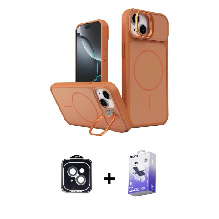MARSİLYAN™- iPhone 14 Kılıf İz Modern Prime - Siyah Bilvis 5in1 5D Magic Hayalet Cam Ekran Koruyucu + PVD Metal Kamera Lens - SH