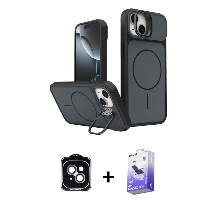 MARSİLYAN™- iPhone 14 Kılıf İz Modern Prime - Siyah Bilvis 5in1 5D Magic Hayalet Cam Ekran Koruyucu + PVD Metal Kamera Lens - YL