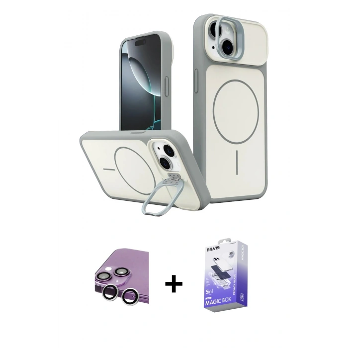 MARSİLYAN™- iPhone 14 Kılıf İz Modern Prime - Siyah Bilvis 5in1 5D Magic Hayalet Cam Ekran Koruyucu + Raze Metal Kamera Lens - GS
