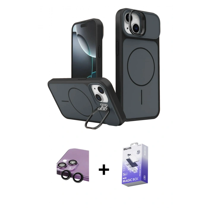 MARSİLYAN™- iPhone 14 Kılıf İz Modern Prime - Siyah Bilvis 5in1 5D Magic Hayalet Cam Ekran Koruyucu + Raze Metal Kamera Lens - SH