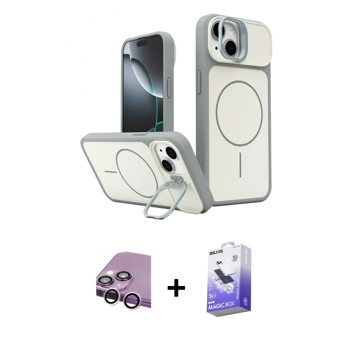 MARSİLYAN™- iPhone 14 Kılıf İz Modern Prime - Siyah Bilvis 5in1 5D Magic Hayalet Cam Ekran Koruyucu + Raze Metal Kamera Lens - MR