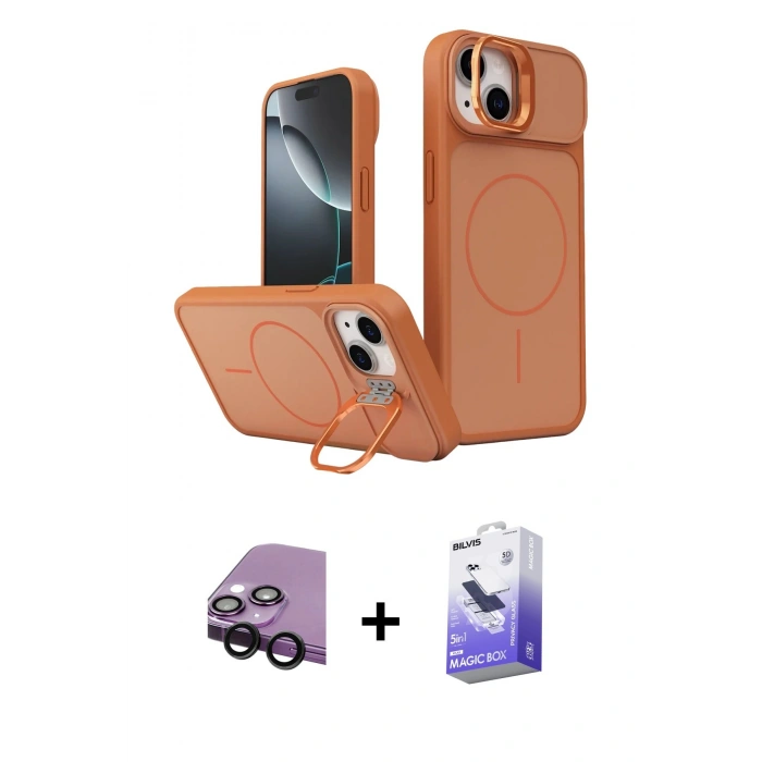 MARSİLYAN™- iPhone 14 Kılıf İz Modern Prime - Siyah Bilvis 5in1 5D Magic Hayalet Cam Ekran Koruyucu + Raze Metal Kamera Lens - SH