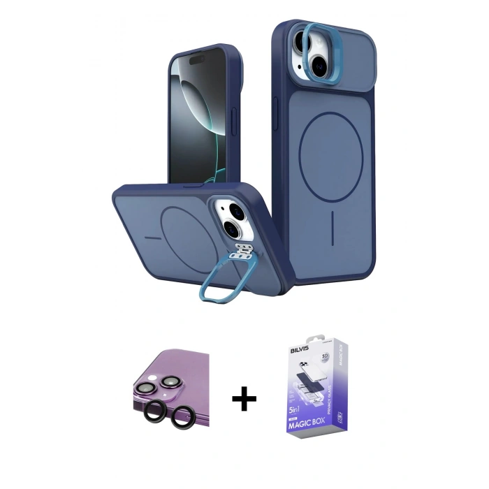 MARSİLYAN™- iPhone 14 Kılıf İz Modern Prime - Siyah Bilvis 5in1 5D Magic Hayalet Cam Ekran Koruyucu + Raze Metal Kamera Lens - SH