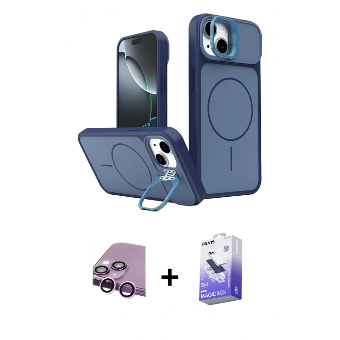 MARSİLYAN™- iPhone 14 Kılıf İz Modern Prime - Siyah Bilvis 5in1 5D Magic Hayalet Cam Ekran Koruyucu + Raze Metal Kamera Lens - MR