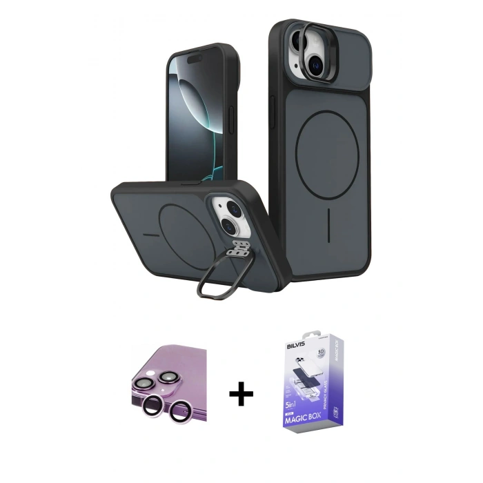 MARSİLYAN™- iPhone 14 Kılıf İz Modern Prime - Siyah Bilvis 5in1 5D Magic Hayalet Cam Ekran Koruyucu + Raze Metal Kamera Lens - MR