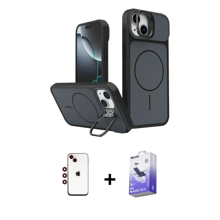 MARSİLYAN™- iPhone 14 Kılıf İz Modern Prime - Siyah Bilvis 5in1 5D Magic Hayalet Cam Ekran Koruyucu + Shine Kamera Lens - KI