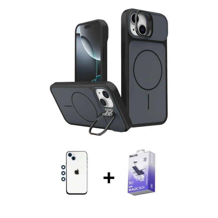 MARSİLYAN™- iPhone 14 Kılıf İz Modern Prime - Siyah Bilvis 5in1 5D Magic Hayalet Cam Ekran Koruyucu + Shine Kamera Lens - MI