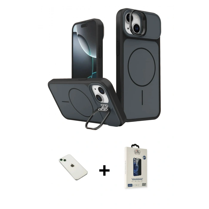 MARSİLYAN™- iPhone 14 Kılıf İz Modern Prime - Siyah Bilvis Hayalet Cam Ekran Koruyucu + Diamond Kamera Lens - YL