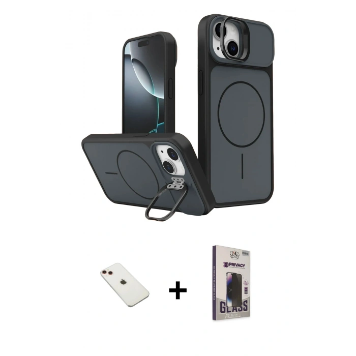 MARSİLYAN™- iPhone 14 Kılıf İz Modern Prime - Siyah Bilvis Hayalet Cam Ekran Koruyucu + Diamond Kamera Lens - KI