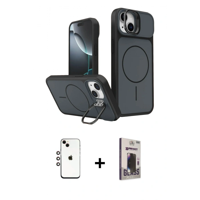 MARSİLYAN™- iPhone 14 Kılıf İz Modern Prime - Siyah Bilvis Hayalet Cam Ekran Koruyucu + Shine Kamera Lens - GI