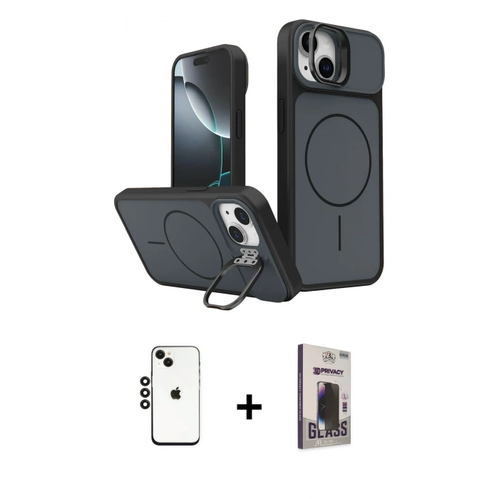 MARSİLYAN™- iPhone 14 Kılıf İz Modern Prime - Siyah Bilvis Hayalet Cam Ekran Koruyucu + Shine Kamera Lens - SH