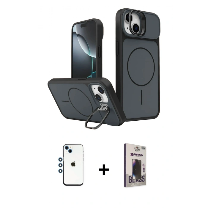 MARSİLYAN™- iPhone 14 Kılıf İz Modern Prime - Siyah Bilvis Hayalet Cam Ekran Koruyucu + Shine Kamera Lens - MI