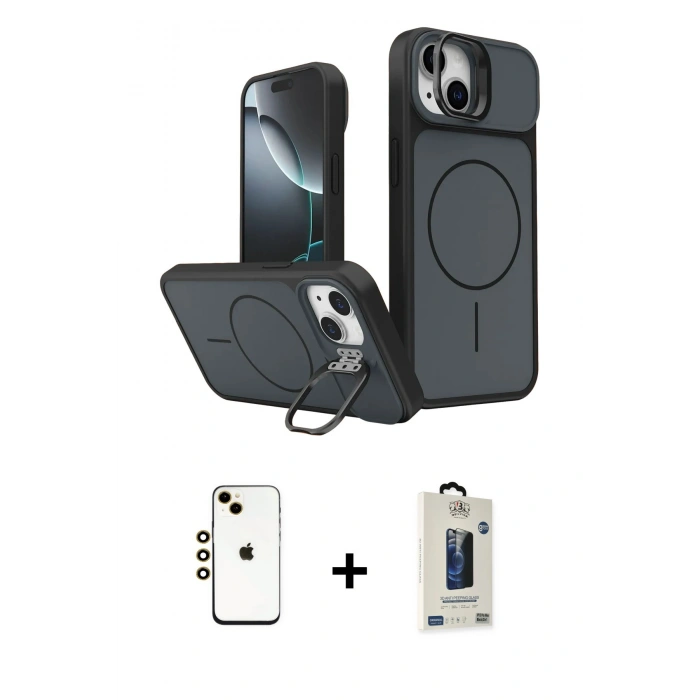MARSİLYAN™- iPhone 14 Kılıf İz Modern Prime - Siyah Bilvis Hayalet Cam Ekran Koruyucu + Shine Kamera Lens - GD