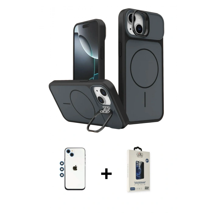 MARSİLYAN™- iPhone 14 Kılıf İz Modern Prime - Siyah Bilvis Hayalet Cam Ekran Koruyucu + Shine Kamera Lens - MI