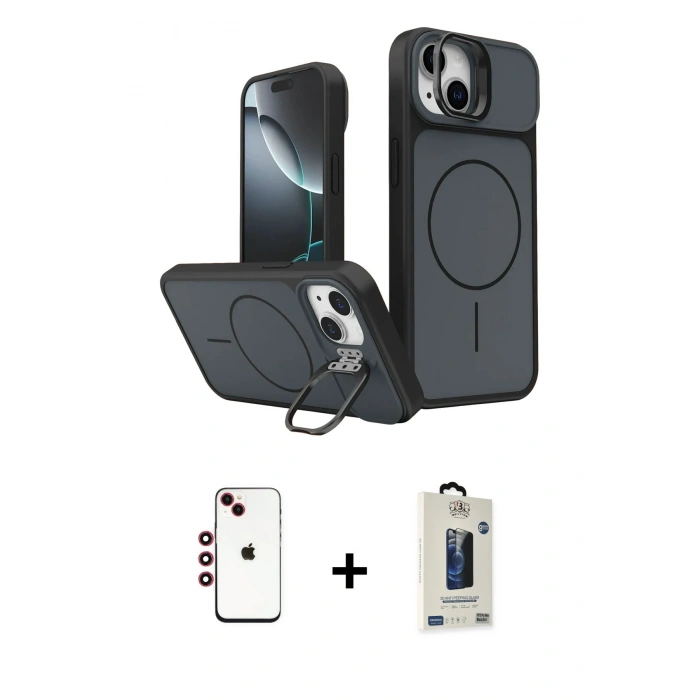 MARSİLYAN™- iPhone 14 Kılıf İz Modern Prime - Siyah Bilvis Hayalet Cam Ekran Koruyucu + Shine Kamera Lens - KI