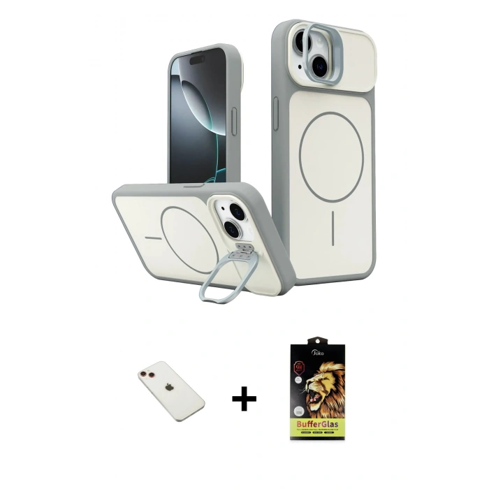 MARSİLYAN™- iPhone 14 Kılıf İz Modern Prime - Siyah Buffer Cam Ekran Koruyucu + Diamond Kamera Lens - KI