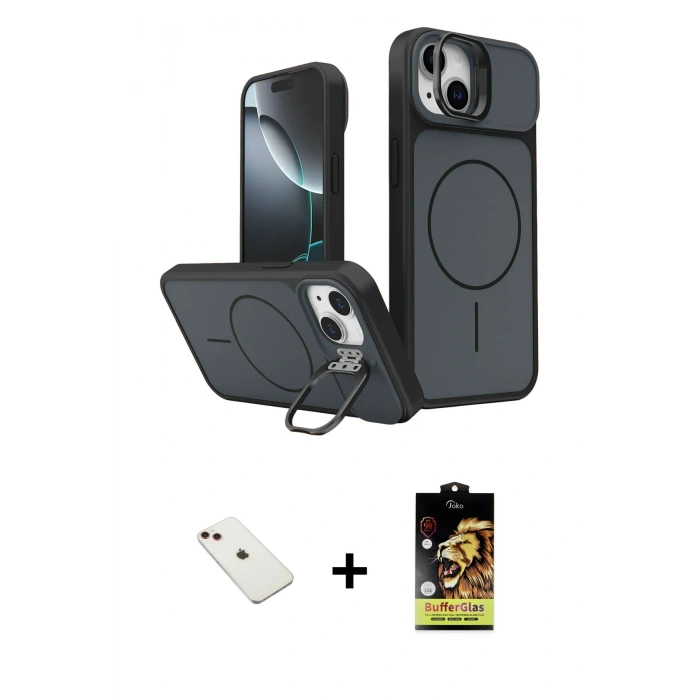 MARSİLYAN™- iPhone 14 Kılıf İz Modern Prime - Siyah Buffer Cam Ekran Koruyucu + Diamond Kamera Lens - KI