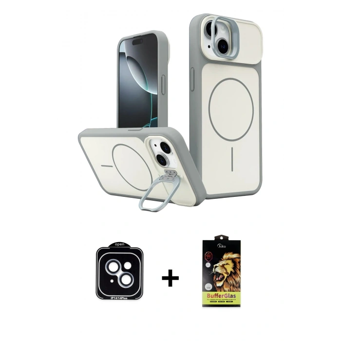 MARSİLYAN™- iPhone 14 Kılıf İz Modern Prime - Siyah Buffer Cam Ekran Koruyucu + PVD Metal Kamera Lens - MI