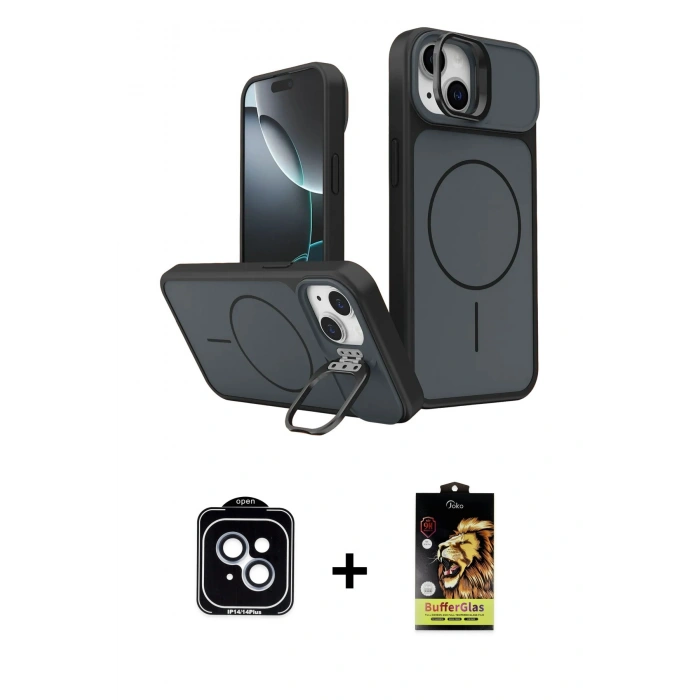 MARSİLYAN™- iPhone 14 Kılıf İz Modern Prime - Siyah Buffer Cam Ekran Koruyucu + PVD Metal Kamera Lens - MI