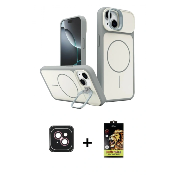 MARSİLYAN™- iPhone 14 Kılıf İz Modern Prime - Siyah Buffer Cam Ekran Koruyucu + PVD Metal Kamera Lens - PE