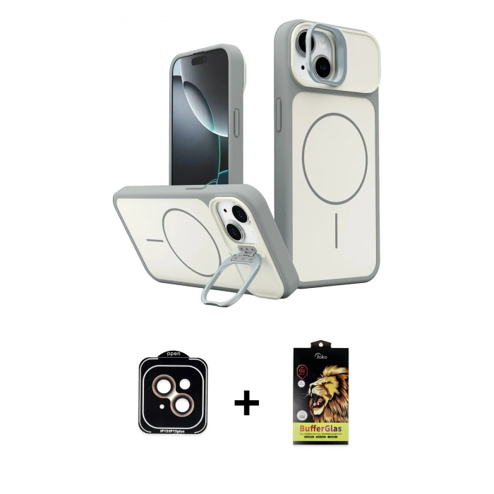 MARSİLYAN™- iPhone 14 Kılıf İz Modern Prime - Siyah Buffer Cam Ekran Koruyucu + PVD Metal Kamera Lens - TU