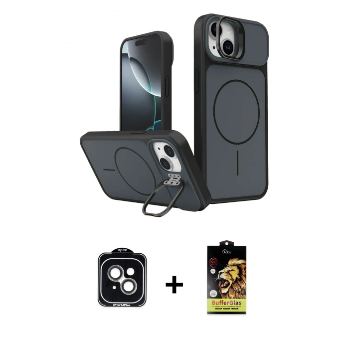MARSİLYAN™- iPhone 14 Kılıf İz Modern Prime - Siyah Buffer Cam Ekran Koruyucu + PVD Metal Kamera Lens - YL
