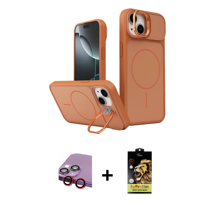 MARSİLYAN™- iPhone 14 Kılıf İz Modern Prime - Siyah Buffer Cam Ekran Koruyucu + Raze Metal Kamera Lens - KI