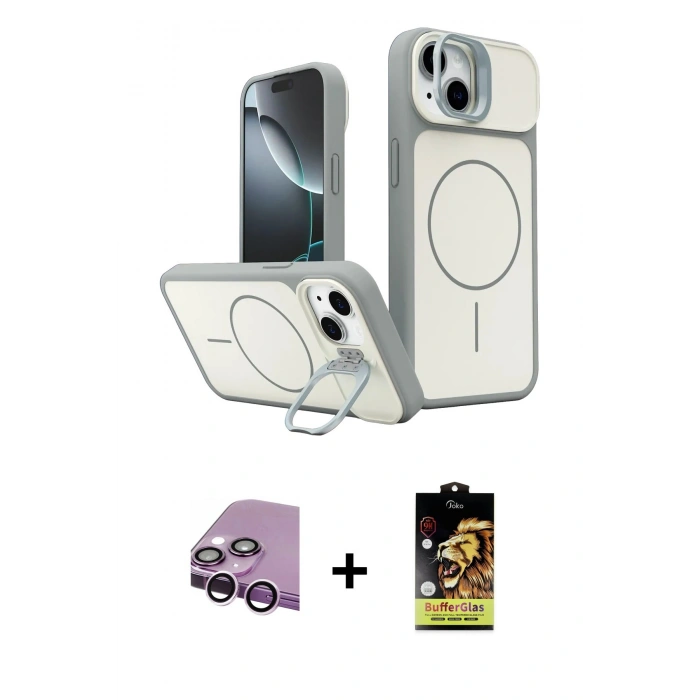 MARSİLYAN™- iPhone 14 Kılıf İz Modern Prime - Siyah Buffer Cam Ekran Koruyucu + Raze Metal Kamera Lens - MR