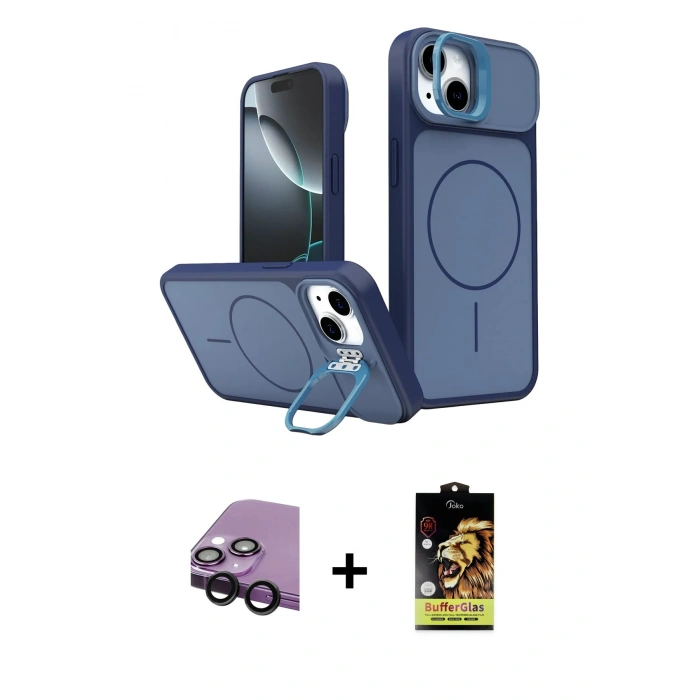 MARSİLYAN™- iPhone 14 Kılıf İz Modern Prime - Siyah Buffer Cam Ekran Koruyucu + Raze Metal Kamera Lens - SH