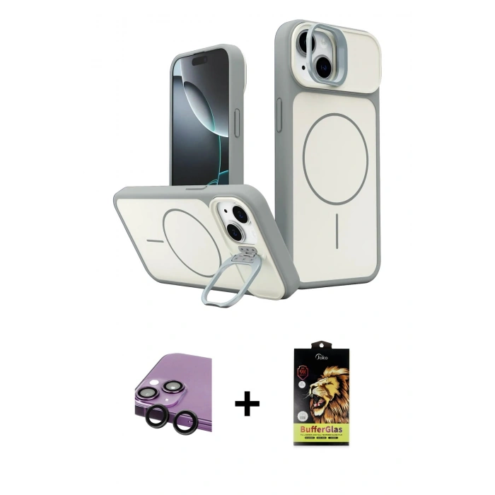 MARSİLYAN™- iPhone 14 Kılıf İz Modern Prime - Siyah Buffer Cam Ekran Koruyucu + Raze Metal Kamera Lens - SH