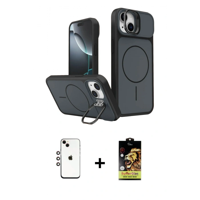 MARSİLYAN™- iPhone 14 Kılıf İz Modern Prime - Siyah Buffer Cam Ekran Koruyucu + Shine Kamera Lens - GI