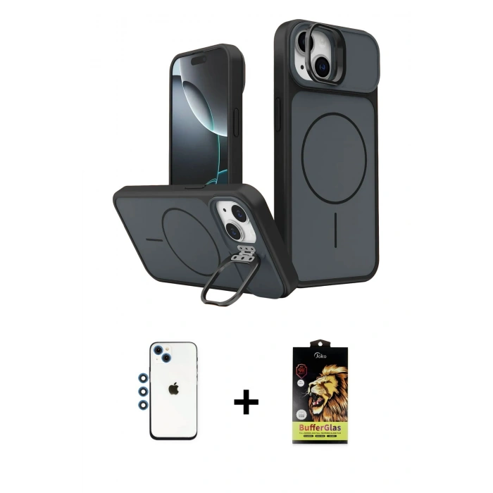 MARSİLYAN™- iPhone 14 Kılıf İz Modern Prime - Siyah Buffer Cam Ekran Koruyucu + Shine Kamera Lens - MI