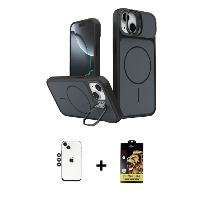 MARSİLYAN™- iPhone 14 Kılıf İz Modern Prime - Siyah Buffer Cam Ekran Koruyucu + Shine Kamera Lens - SH