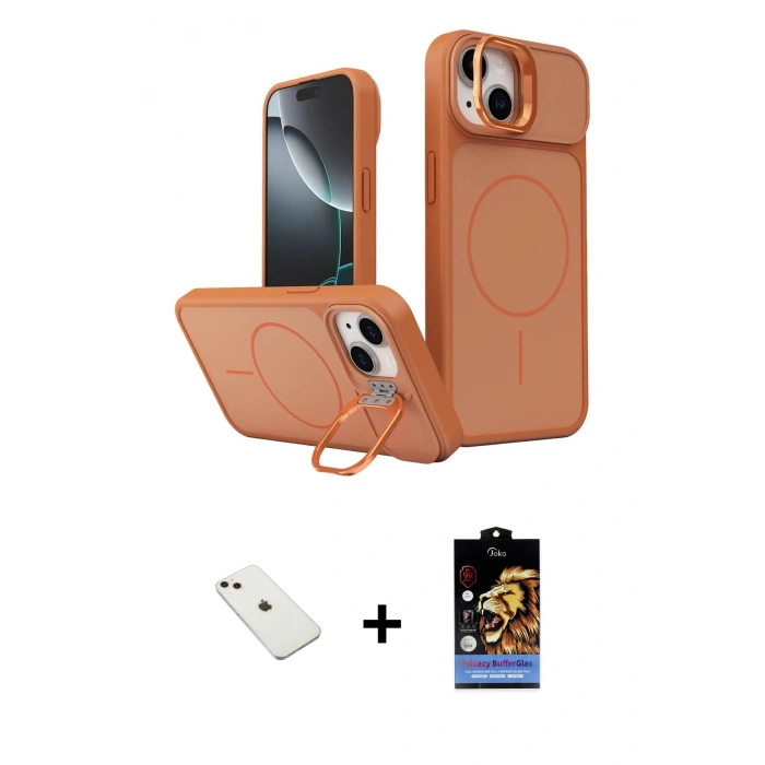 MARSİLYAN™- iPhone 14 Kılıf İz Modern Prime - Siyah Buffer Hayalet Cam Ekran Koruyucu + Diamond Kamera Lens - PE