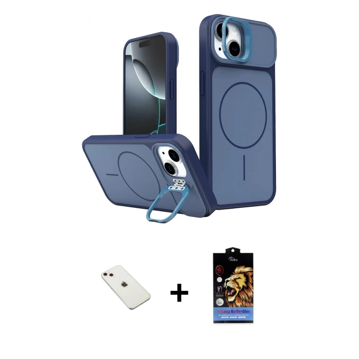 MARSİLYAN™- iPhone 14 Kılıf İz Modern Prime - Siyah Buffer Hayalet Cam Ekran Koruyucu + Diamond Kamera Lens - PE