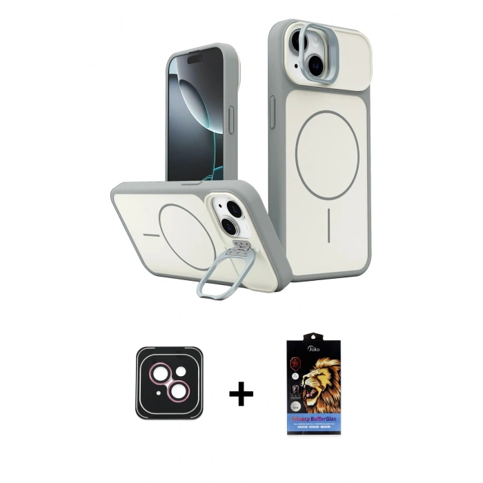 MARSİLYAN™- iPhone 14 Kılıf İz Modern Prime - Siyah Buffer Hayalet Cam Ekran Koruyucu + PVD Metal Kamera Lens - PE