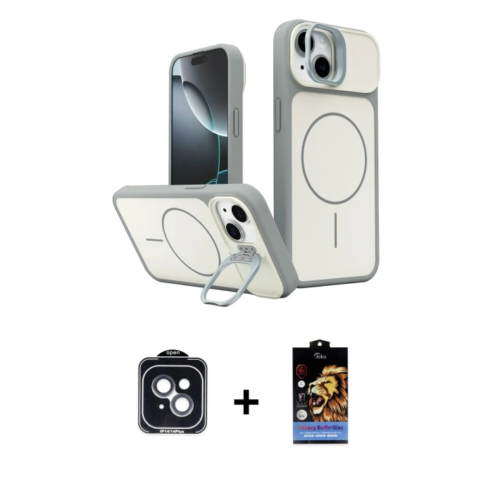 MARSİLYAN™- iPhone 14 Kılıf İz Modern Prime - Siyah Buffer Hayalet Cam Ekran Koruyucu + PVD Metal Kamera Lens - SH