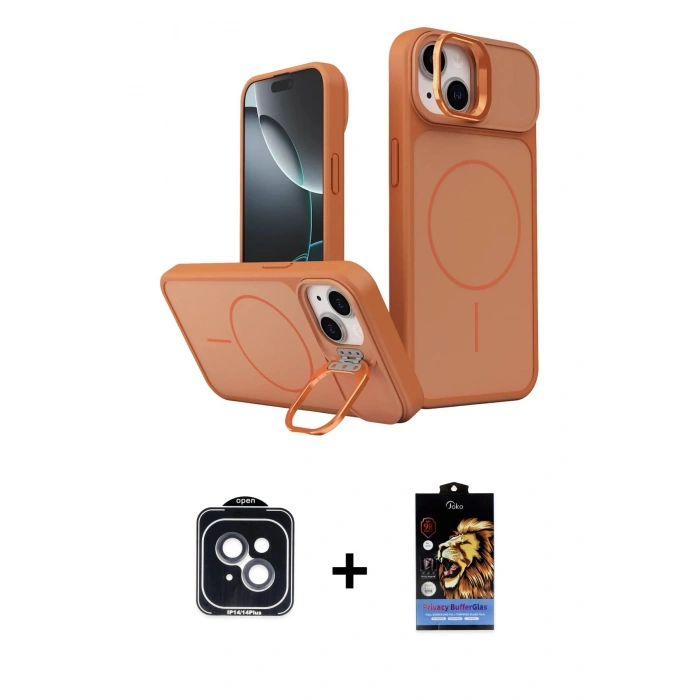 MARSİLYAN™- iPhone 14 Kılıf İz Modern Prime - Siyah Buffer Hayalet Cam Ekran Koruyucu + PVD Metal Kamera Lens - SH