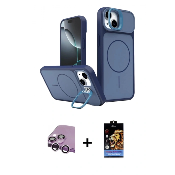 MARSİLYAN™- iPhone 14 Kılıf İz Modern Prime - Siyah Buffer Hayalet Cam Ekran Koruyucu + Raze Metal Kamera Lens - MR