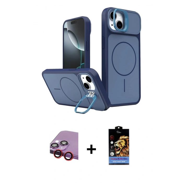MARSİLYAN™- iPhone 14 Kılıf İz Modern Prime - Siyah Buffer Hayalet Cam Ekran Koruyucu + Raze Metal Kamera Lens - KI