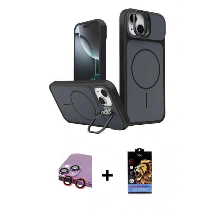 MARSİLYAN™- iPhone 14 Kılıf İz Modern Prime - Siyah Buffer Hayalet Cam Ekran Koruyucu + Raze Metal Kamera Lens - KI