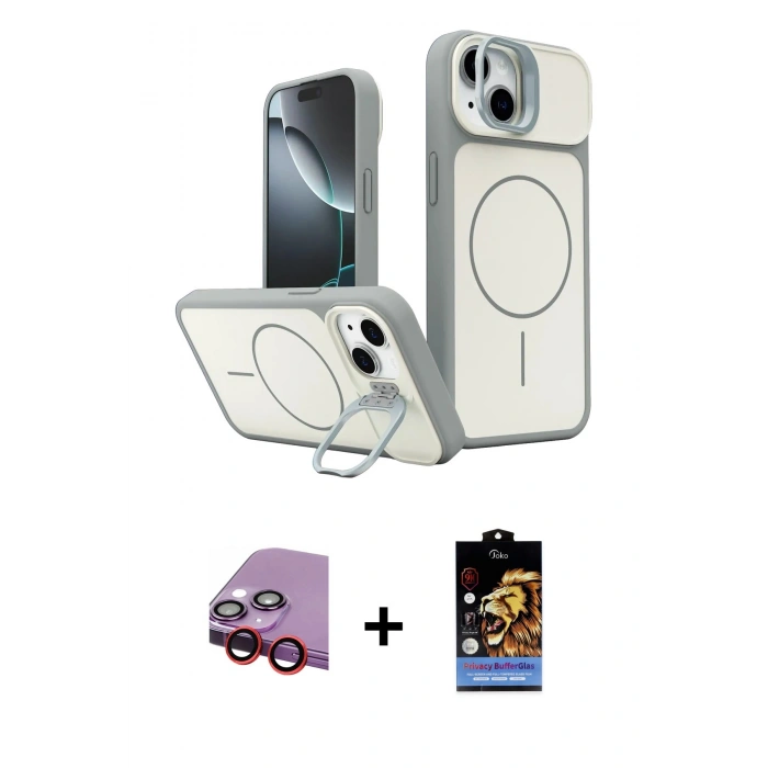 MARSİLYAN™- iPhone 14 Kılıf İz Modern Prime - Siyah Buffer Hayalet Cam Ekran Koruyucu + Raze Metal Kamera Lens - KI