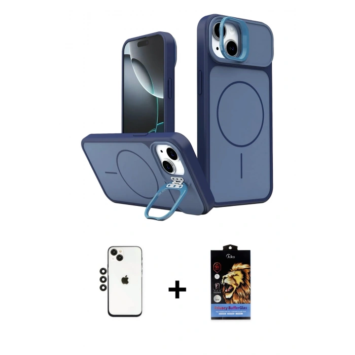 MARSİLYAN™- iPhone 14 Kılıf İz Modern Prime - Siyah Buffer Hayalet Cam Ekran Koruyucu + Shine Kamera Lens - SH