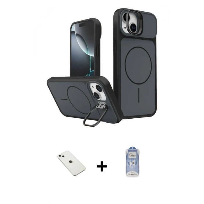 MARSİLYAN™- iPhone 14 Kılıf İz Modern Prime - Siyah Joko Magic 5D Cam + Diamond Kamera Lens - SABE