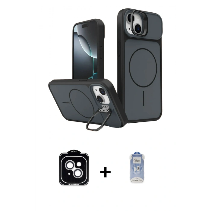 MARSİLYAN™- iPhone 14 Kılıf İz Modern Prime - Siyah Joko Magic 5D Cam + PVD Metal Kamera Lens - GS